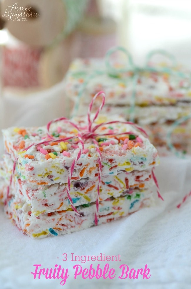 3 Ingredient Fruity Pebble Bark made with coconut, white chocolate & fruity pebble cereal