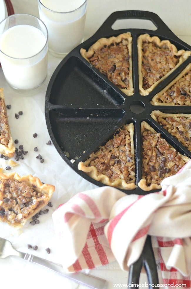 Chocolate Pecan Pie baked in a Cast Iron Wedge Pan for the perfect slice.