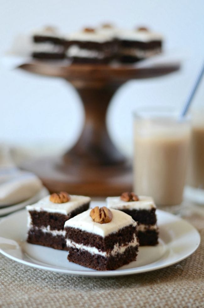 Chocolate Cake Squares with Cinnamon Vanilla Chai Latte Icing