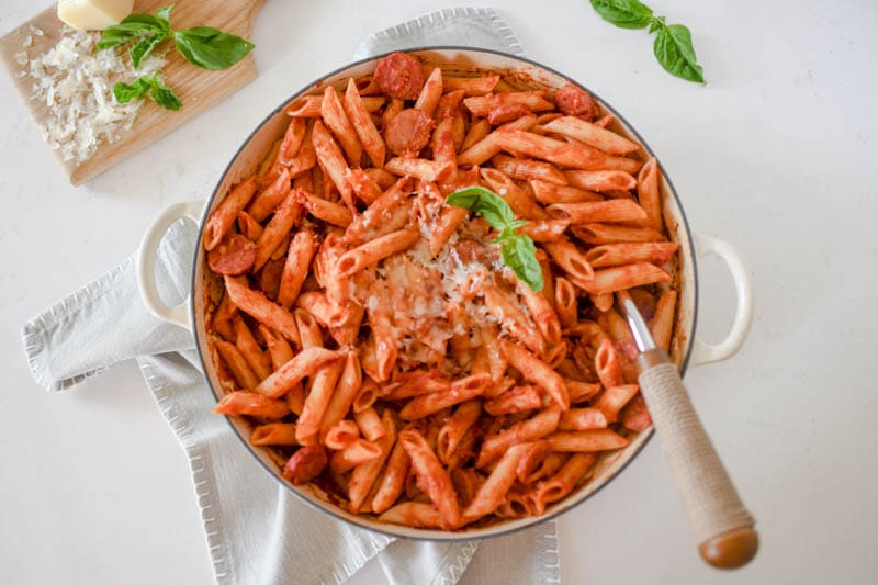 One Pot Penne alla Vodka with Spicy Andouille 