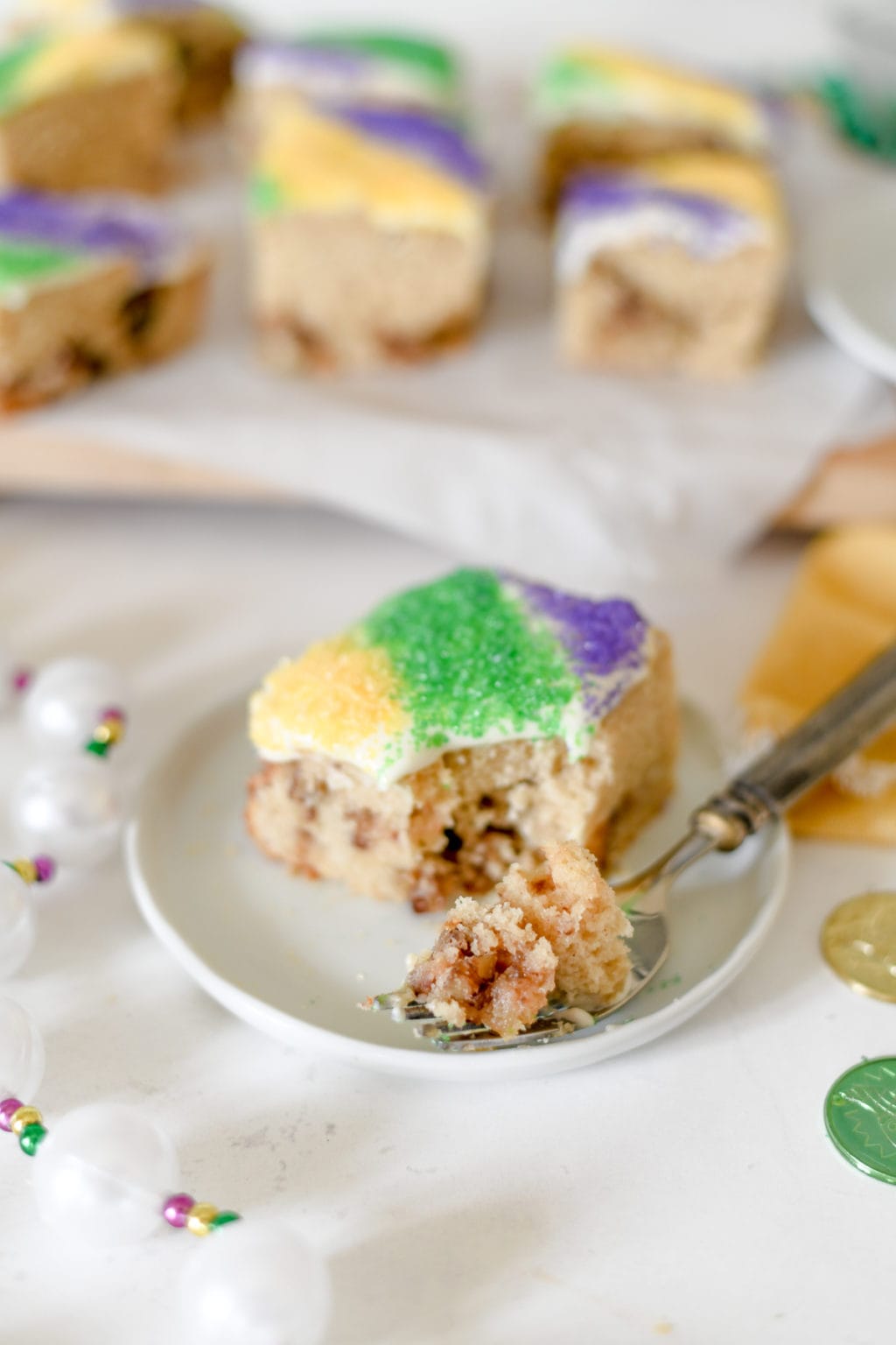 Pecan Praline King Cake Snacking Cake • Aimee's Pretty Palate